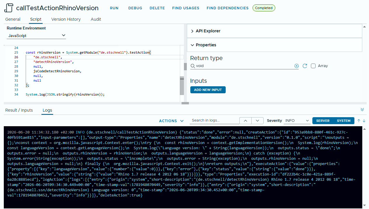 result of an action introspection test in vcf automation orchestrator