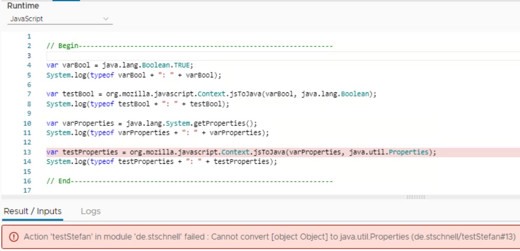 vmware aria automation action with an error at type castings of java data types