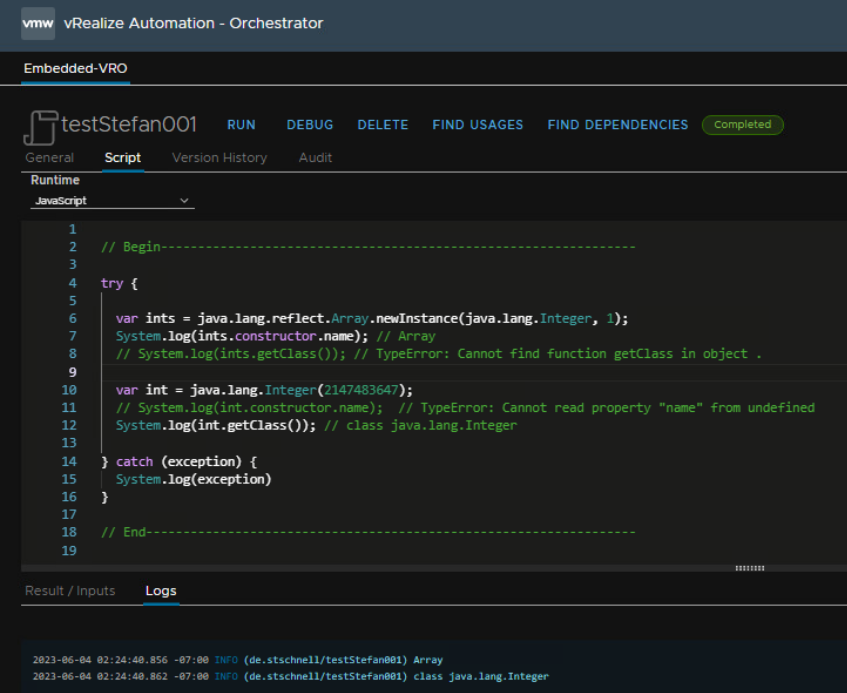 vmware aria automation action with type castings of java data types