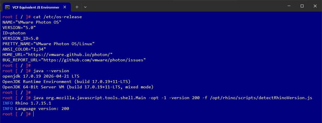 container with vcf equivalent javascript runtime environment in interactive mode
