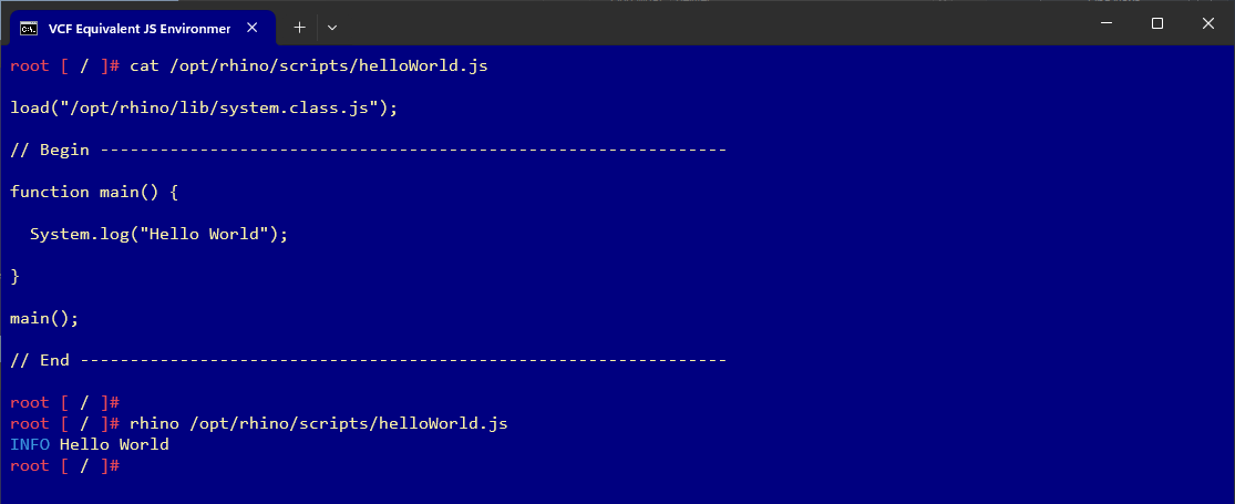 container with vcf equivalent javascript runtime environment in interactive mode