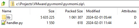 zip package that contains pyhton script handler.py and pyvmomi in lib directory