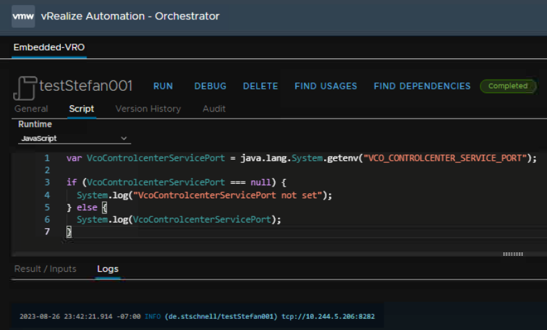 vcf automation action to detect environment with result