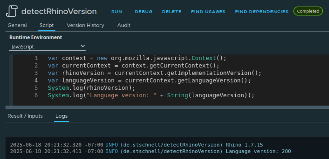 get version of the rhino engine in vcf automation 9