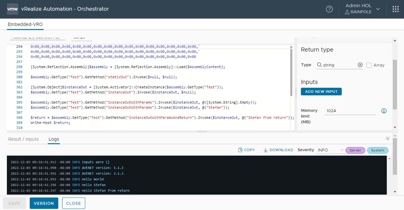 vcf automation powershell action with embeded dotnet assembly