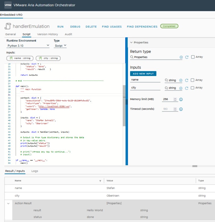 vcf automation executes the handler with emulation code