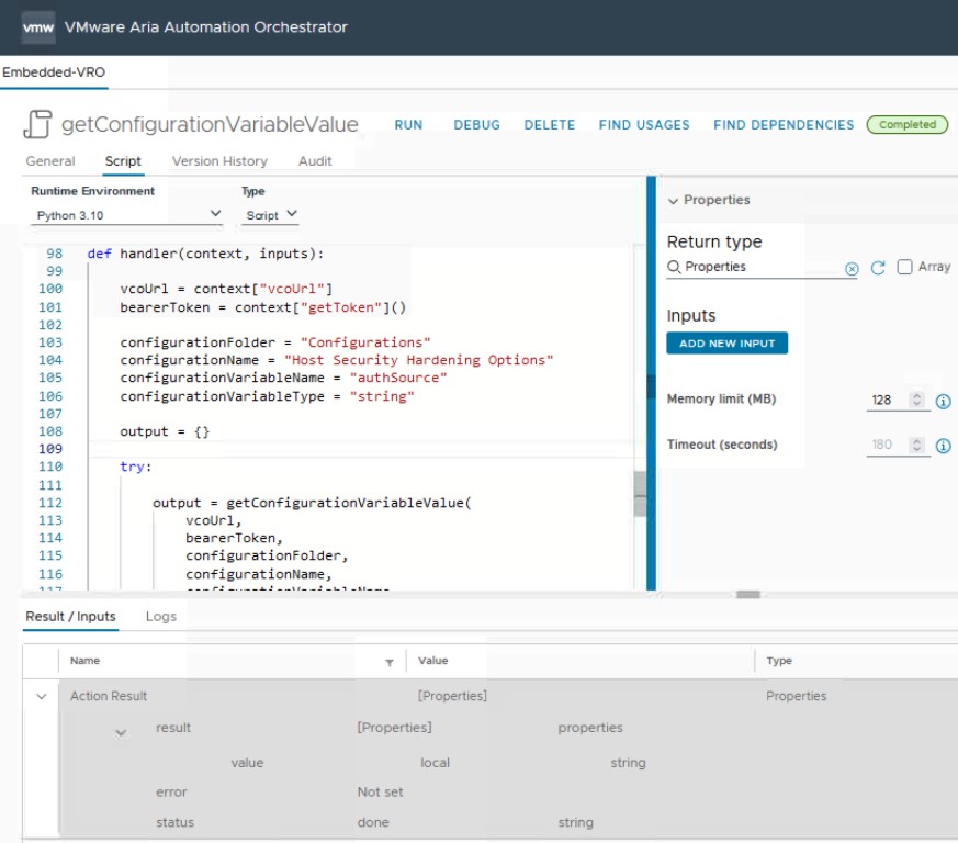 vcf automation orchestrator python action to get configuration variable value