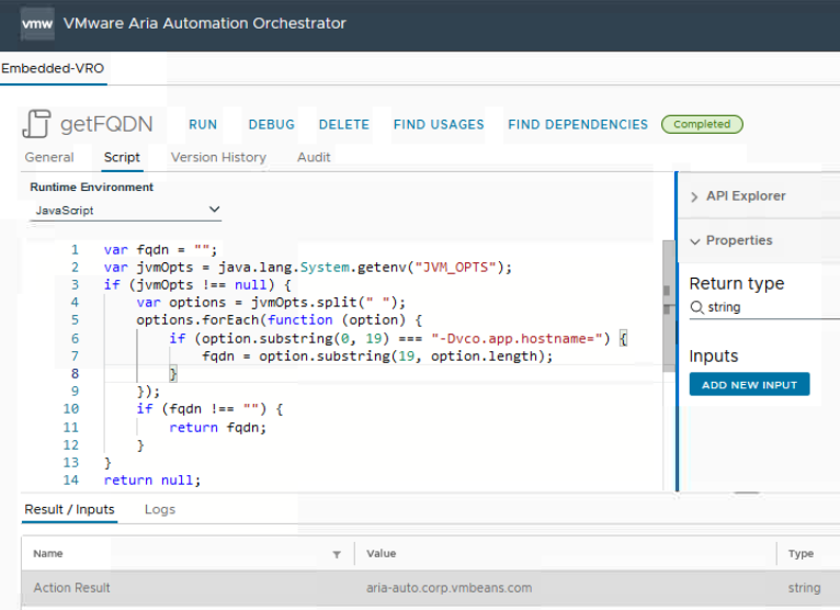 vcf automation orchestrator action to get the full qualified domain name (fqdn)