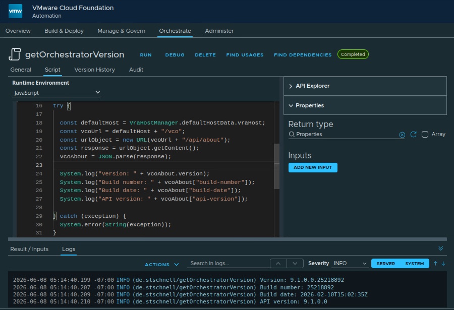 vcf automation orchestrator version detection with javascript