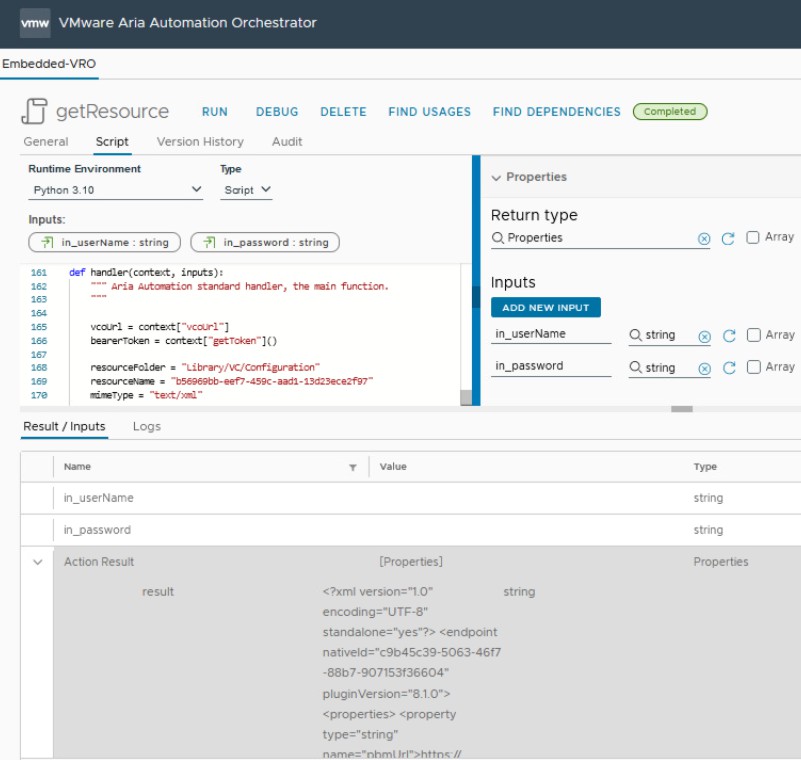 vcf automation orchestrator get resource action with result