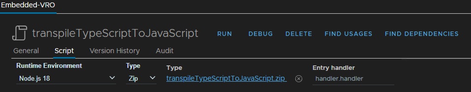 vmware aria automation script transpile typescript to javascript