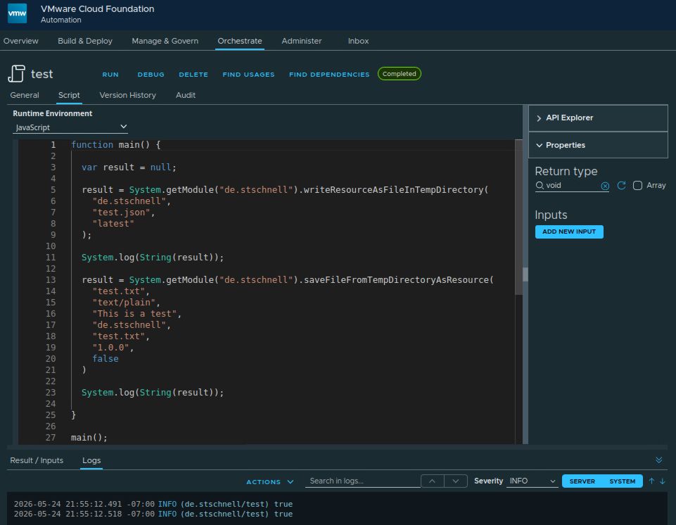 vcf automation orchestrator result of action to handle resource elements
