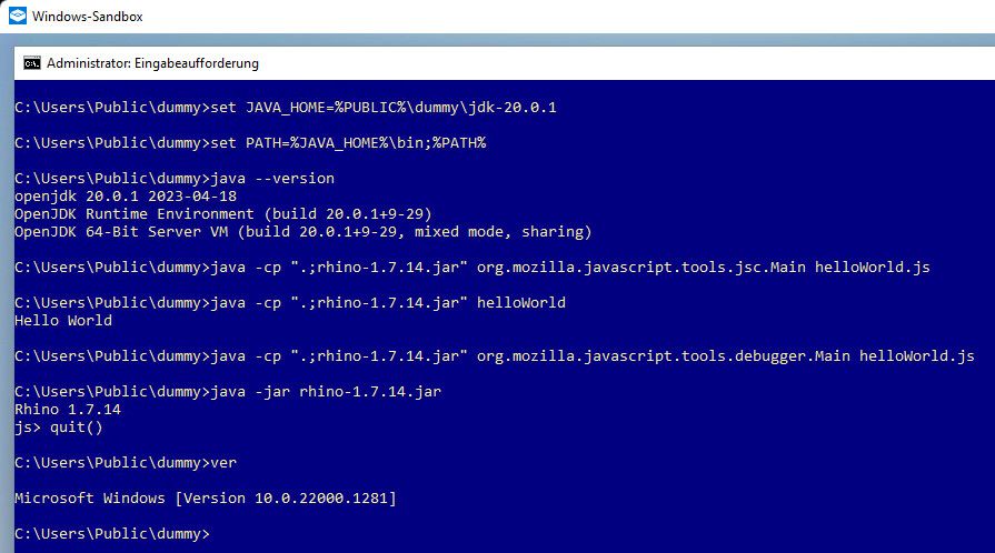 local simulation of javascript runtime environment in a windows sandbox