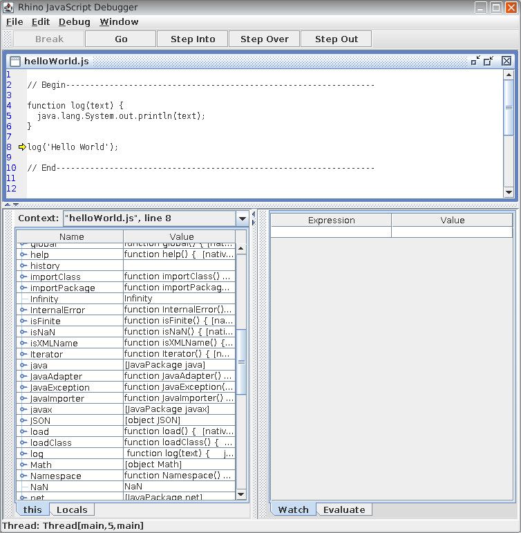 debugging window of the rhino javascript engine
