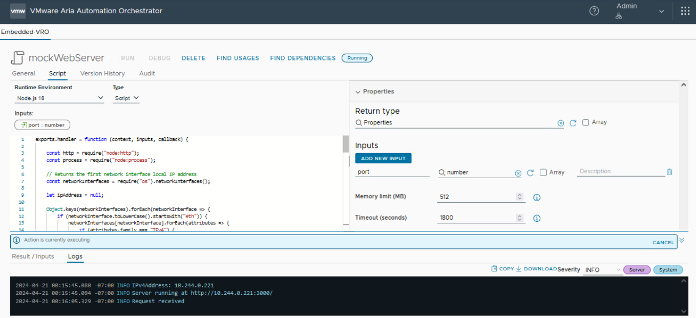 vmware aria automation node.js runtime environment with mock web server