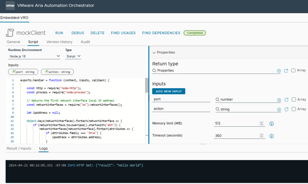 vmware aria automation node.js runtime environment with web client for mock web server