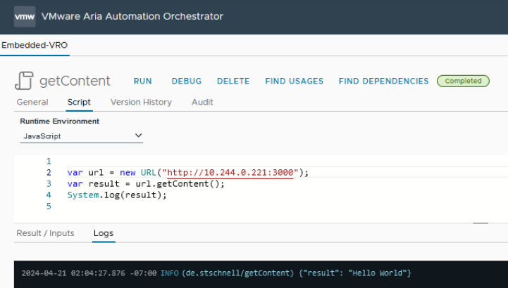 vmware aria automation javascript runtime environment with the result of a request via getcontent to the mock web server