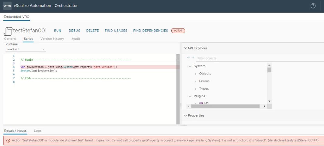 vcf automation orchestrator failed action