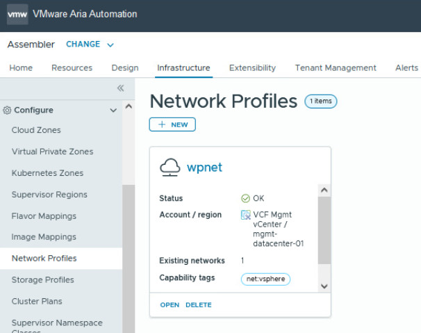 vcf automation test configuration network profile for two machines with network