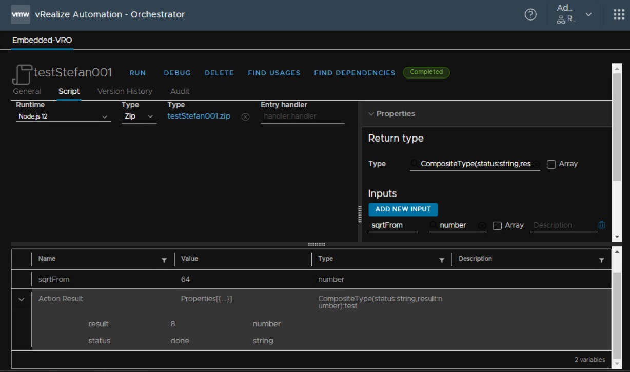 vcf automation action with results and inputs