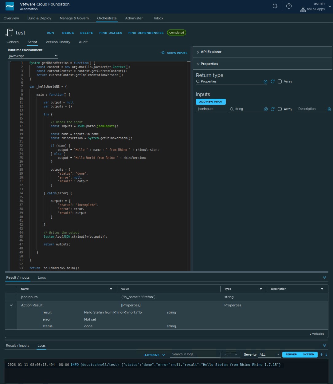 vcf automation with rhino javascript