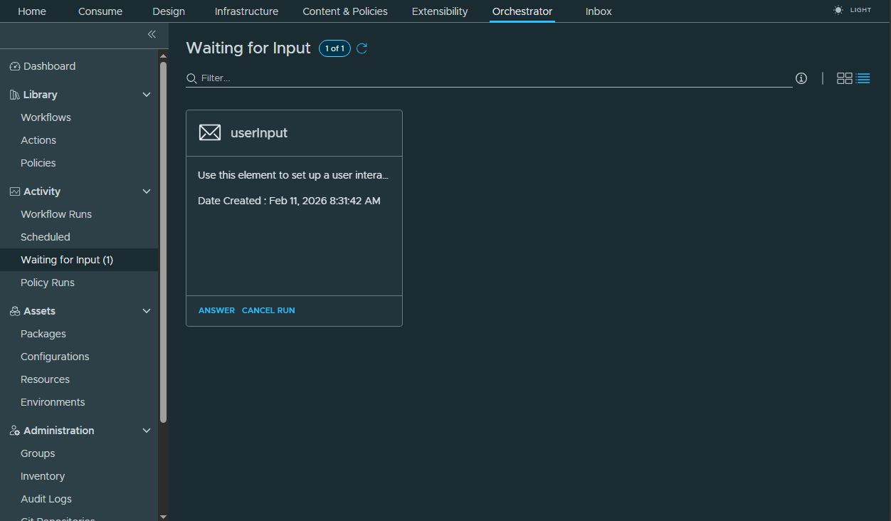 vcf automation wait for input