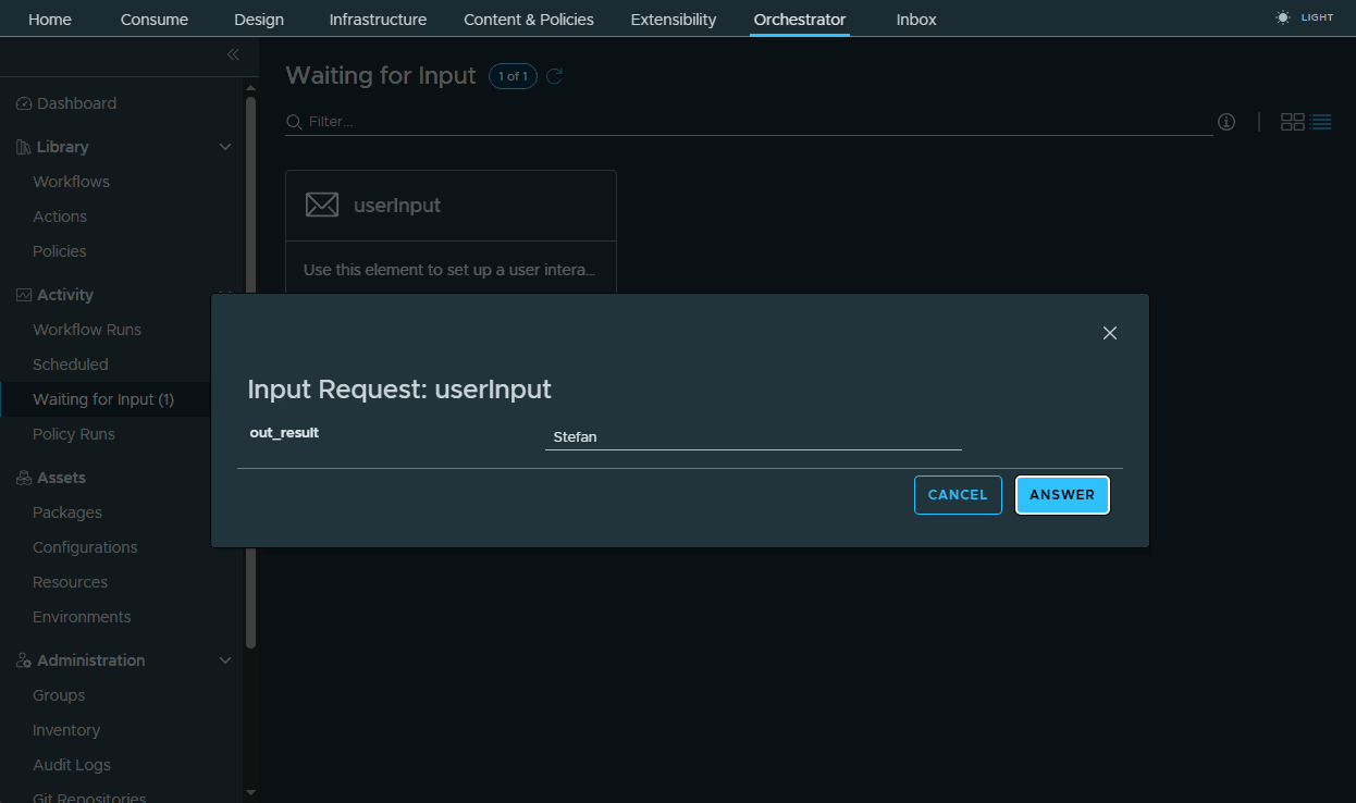 vcf automation input request