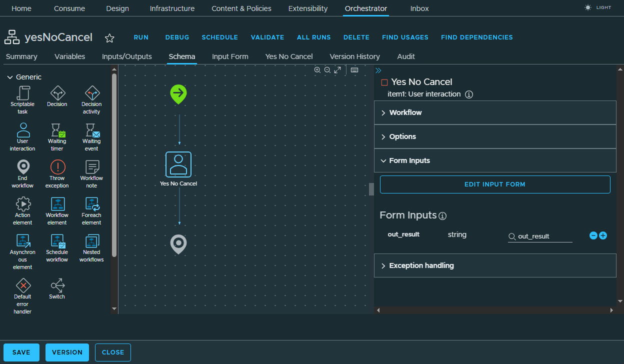 vcf automation workflow schema with user interaction item yes no cancel