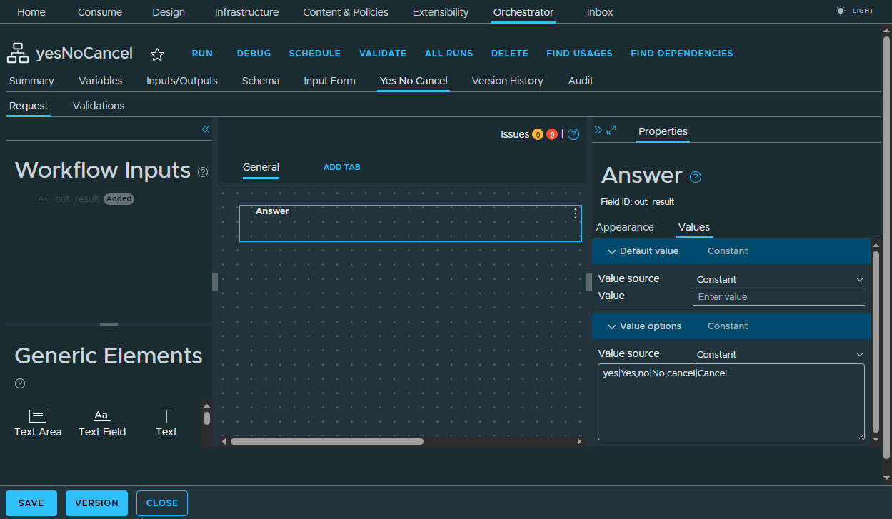 vcf automation input form values yes no cancel