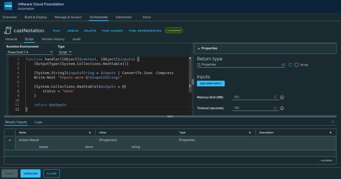 vcf automation example usage of powershell cast notation