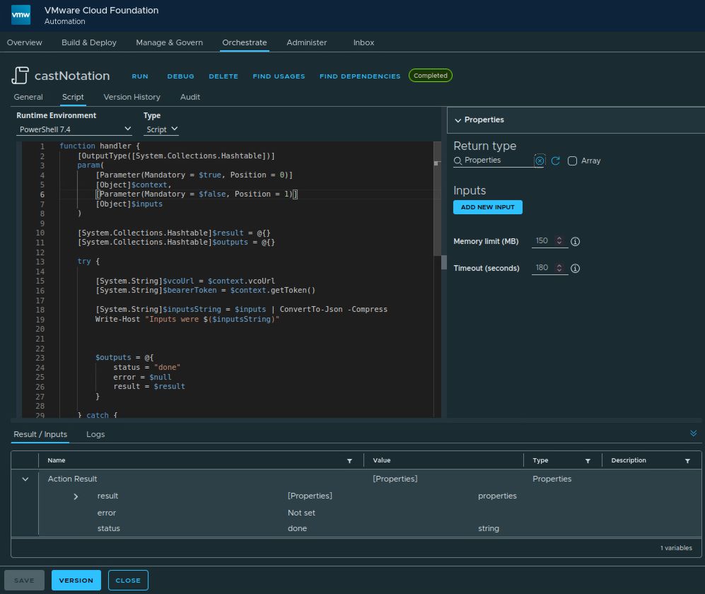 vcf automation example usage of powershell cast notation