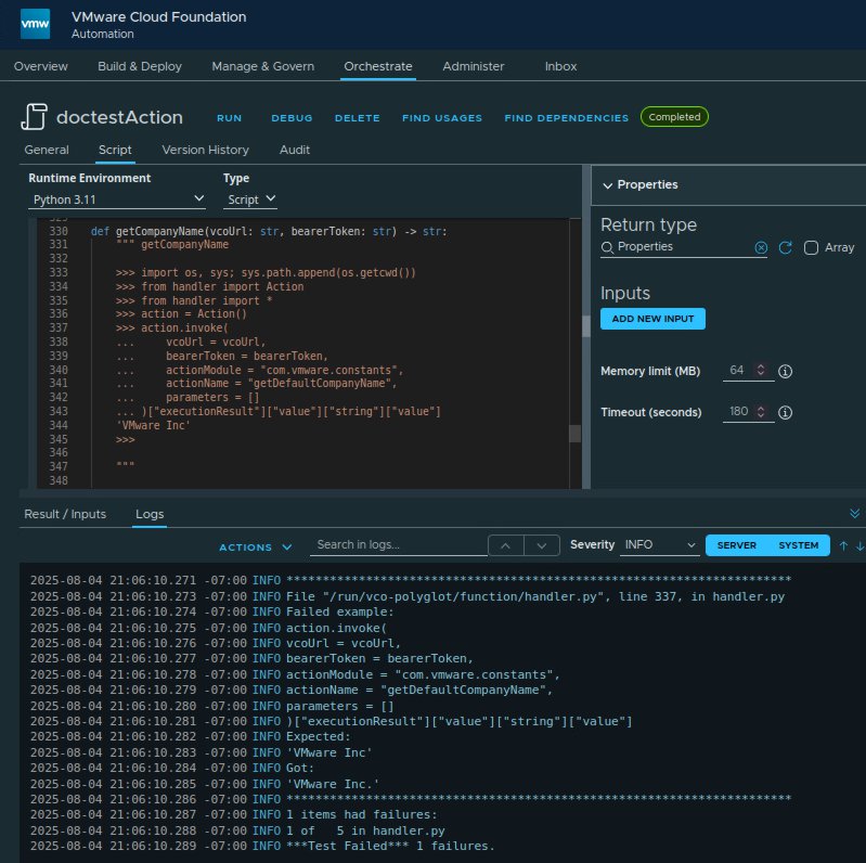 vcf automation example usage of python doctest module for unit test with an action