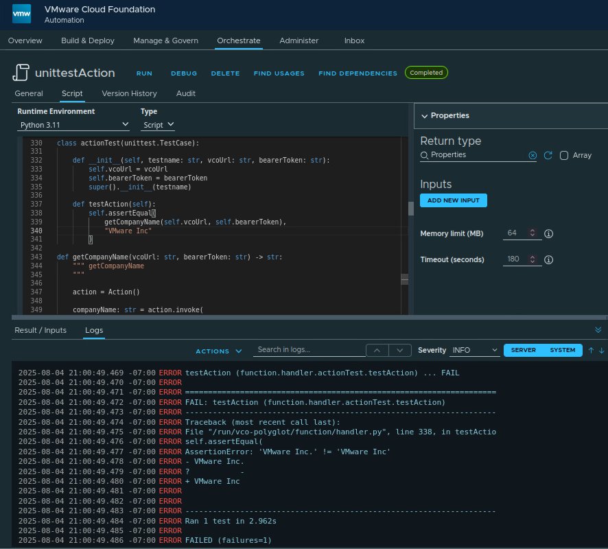 vcf automation example usage of python unittest module for unit test with an action